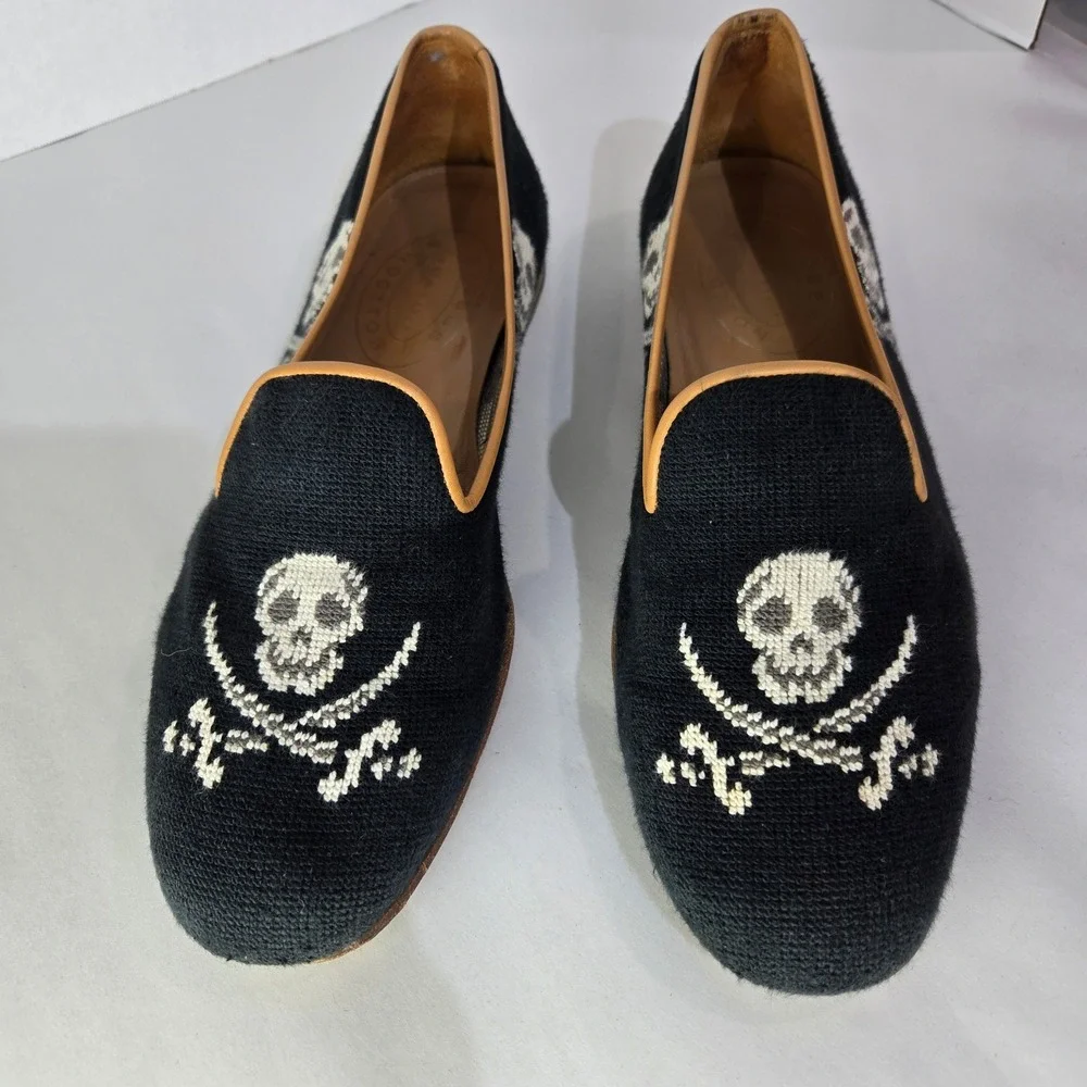 Stubbs & Wootton Loafers Size 11 Black Needlepoint Skull Crossbones  #1166